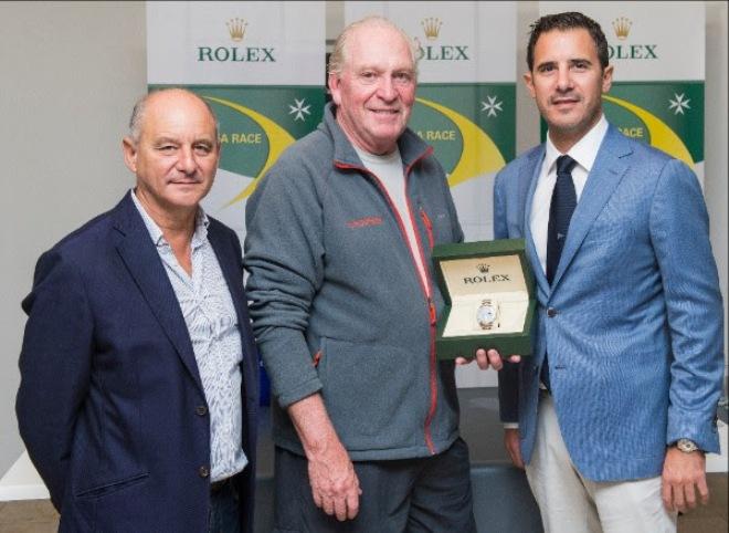 Royal Malta Yacht Club Commodore Godwin Zammit, Rambler 88 Owner/Skipper George David and Malcolm Lowell, Managing Director at Edwards, Lowell Co. Ltd - 2015 Rolex Middle Sea Race ©  Rolex/ Kurt Arrigo http://www.regattanews.com